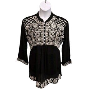 Viera Tunic Top Women Medium Black Embroidered Tie Back Crystal Accent Buttons
